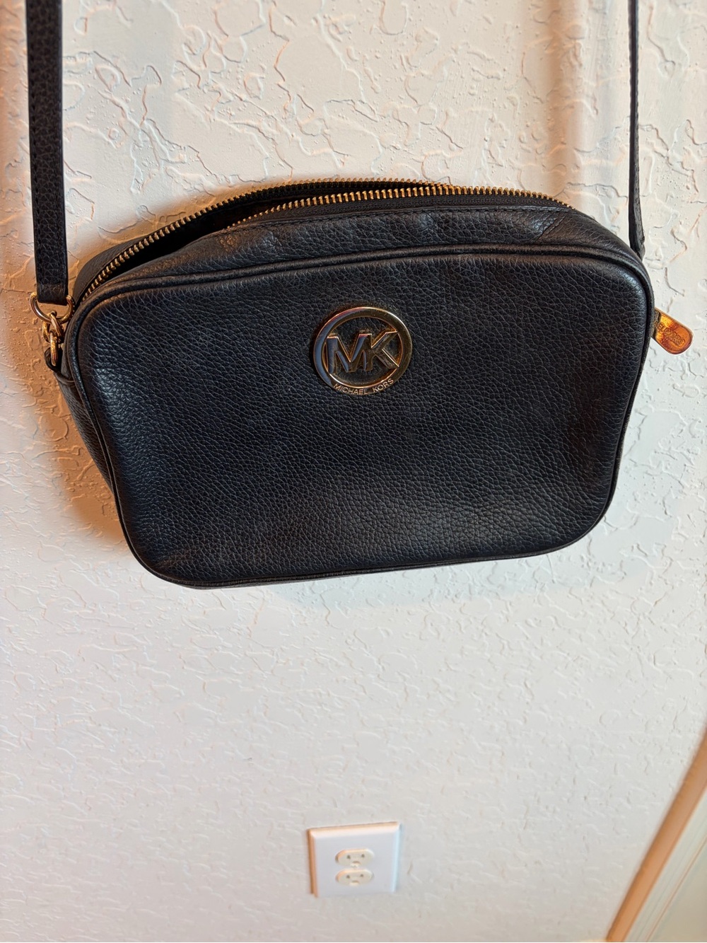 Michael Kors Black Pebbled Leather Crossbody Bag with Gold Logo